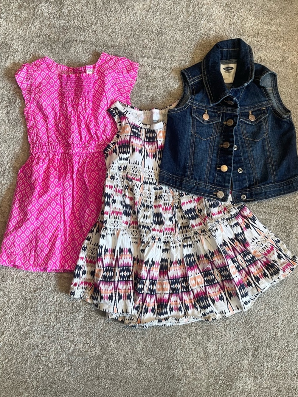 Carter's Pink Pattern Dress, Old Navy Multicolor Printed Dress & Denim Vest Set